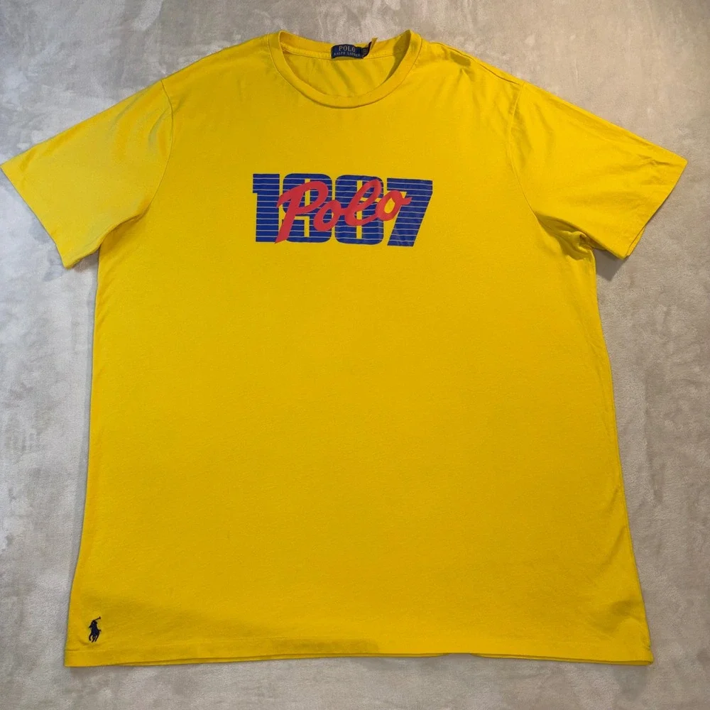 Polo Ralph Lauren Mens 2XLT Yellow Graphic T-Shirt 1967 Logo Short Sleeve Tee
